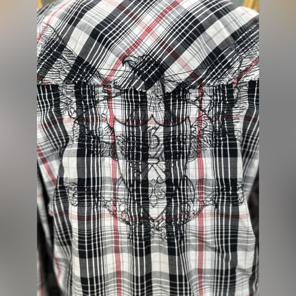Guess Women's XL Plaid Pearl Snap Shirt Western Embroidered Hi Low Hem - Picture 8 of 13